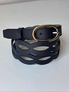 Talbots Navy Leather Cutout Belt with Gold Oval Buckle